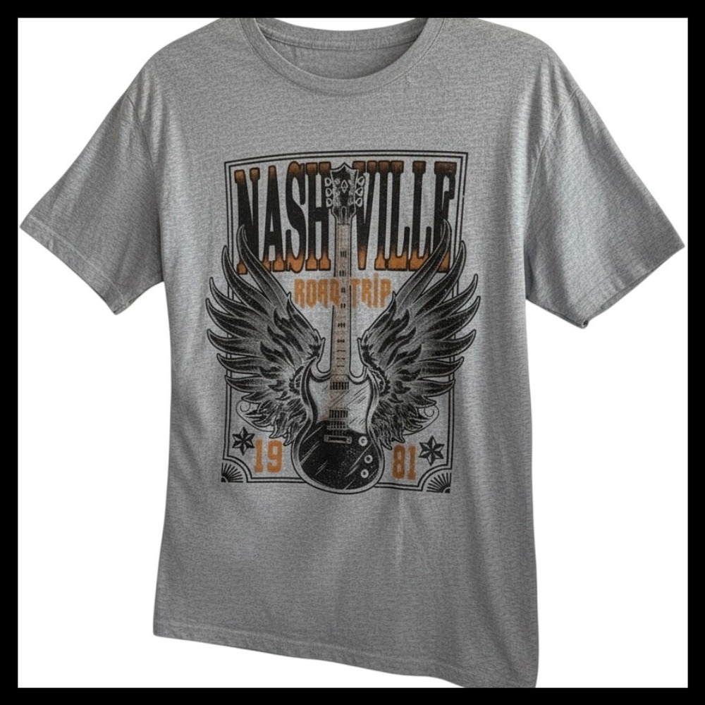 Rebellious One Nashville Road Trip 1981 Graphic Tee Grey Mens Med Winged Guitar
